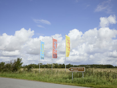 Drei bunte Nolde-Flaggen wehen im Wind vor einem Hinweisschild der Nolde Stiftung Seeb&uuml;ll; im Hintergrund grasen K&uuml;he auf der Weide.