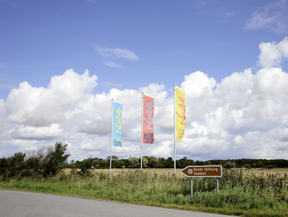 Three colorful Nolde flags flutter in the wind in front of a Nolde Foundation Seeb&uuml;ll sign; cows graze in the background.