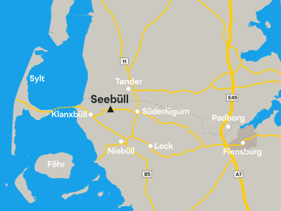 Karte des n&ouml;rdlichen Schleswig-Holsteins und des Grenzgebiets zu D&auml;nemark mit eingezeichneter Lage von Seeb&uuml;ll.