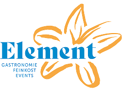 Logo of the Element restaurant with blue lettering and a yellow flower.