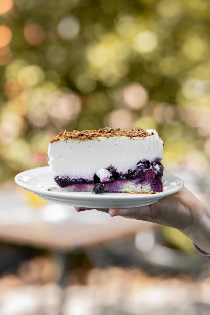 Hand holding a cheesecake with blueberries, topped with a quark layer and crunchy topping.