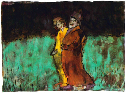 Zwei Personen, ein Mann und eine Frau, gehen dicht nebeneinander; die Frau blickt den Mann an, vor einem zweigeteilten Hintergrund aus Gr&uuml;n unten und Schwarz oben.