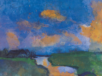 Geb&auml;ude am Kanal, umgeben von gr&uuml;ner Wiese; dar&uuml;ber ein Himmel in Blau- und Oranget&ouml;nen.