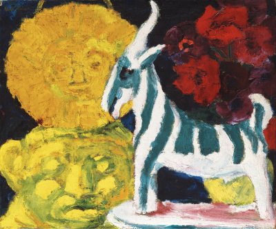 Sort-hvidstribet ged foran røde blomster, en gul sol og et gult, abelignende ansigt.