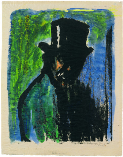 Portræt af en mand med høj hat; den ene ansigtshalvdel er sort, omgivet af grønne, blå og sorte farver.