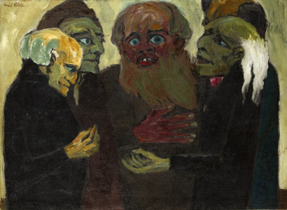 F&uuml;nf &auml;ltere Herren in dunklen Gew&auml;ndern stehen einander zugewandt, scheinbar im Gespr&auml;ch. Drei von ihnen gestikulieren mit den H&auml;nden; einige tragen Halbglatze und haben teilweise wei&szlig;e Haare.