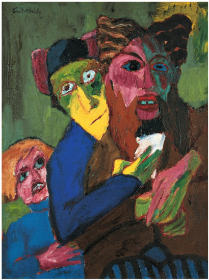 Drei groteske Figuren stehen hintereinander; die mittlere umarmt die vordere. Vorn eine b&auml;rtige Figur in Braun, dahinter eine Figur in Blau mit gelbem Gesicht und M&uuml;tze, gefolgt von einer kleineren Figur mit verzerrtem Gesicht.
