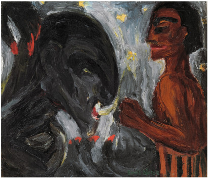 Ein schwarzes, schauriges Wesen mit roten Krallen steht links neben einem dunkelh&auml;utigen Mann mit nacktem Oberk&ouml;rper und schwarzen Haaren.